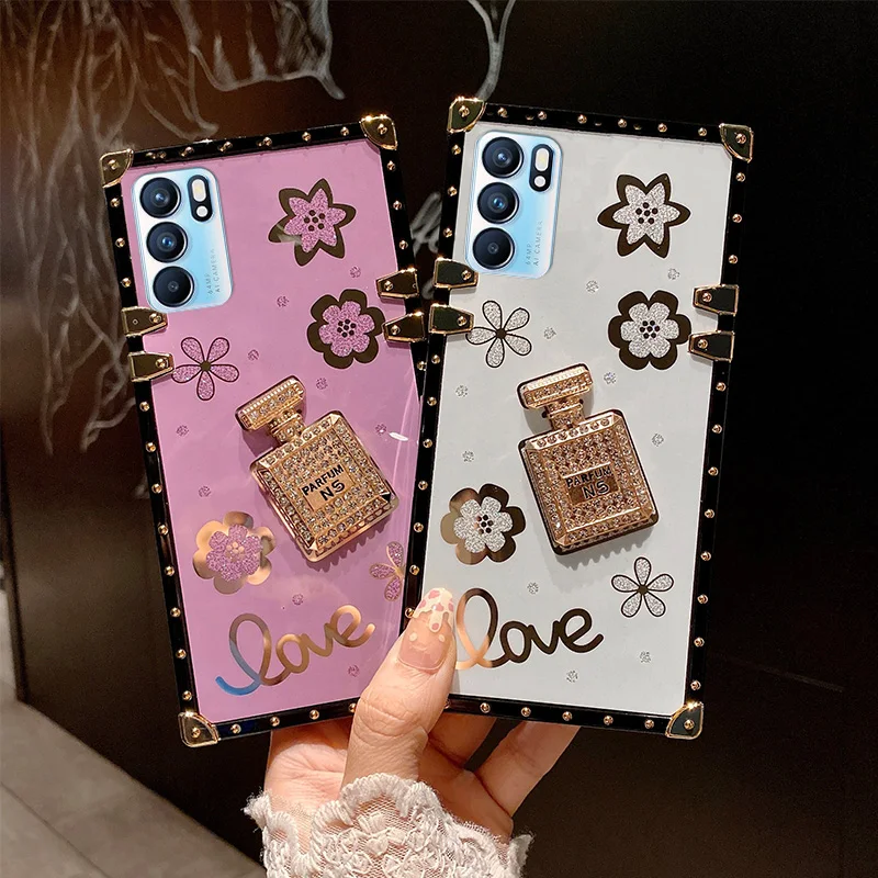 Custodia per bottiglia di profumo di diamante di lusso per Oppo Reno 2Z 3 5 6 Pro Find X2 X3 Neo Lite Cover protettiva per telefono morbida quadrata_voghion.com