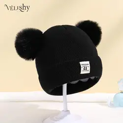 Solid Color Wool Knitted Bonnet Newborn Baby Hat Pompom Cute Winter Hat For Kids Boys Girls Children Warm Beanie Cap 0-3Y