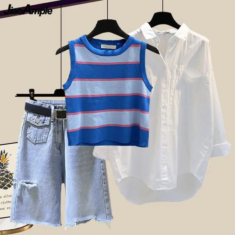 New Summer Women's Clothing Fashion Casual White Shirts Knit Stripe Vest Denim Half Pants Sets Basics Blouse Jeans Outfits 2023 [fila]lifeware stripe men s t shirts