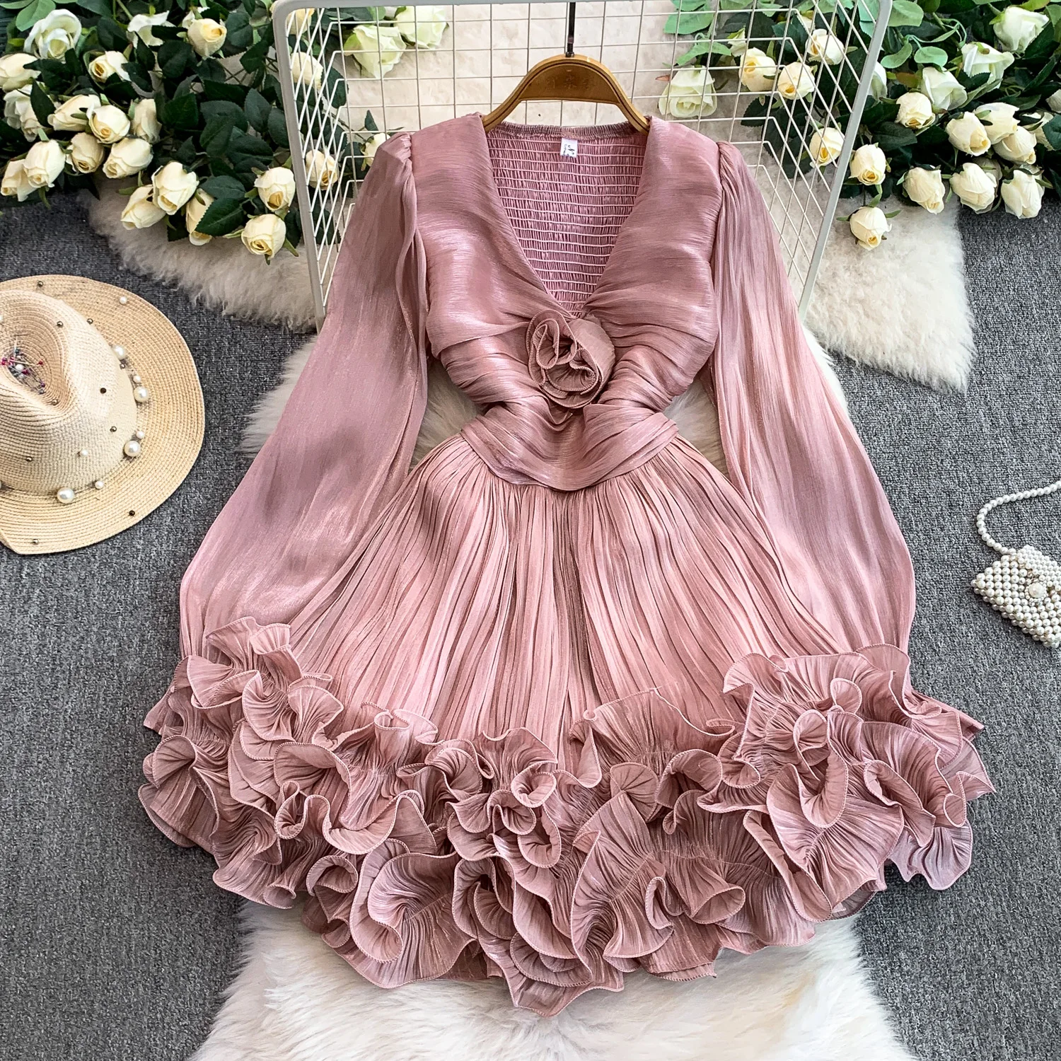 Elegant Sexy Three-dimensional ruffle High Waist  Dress Vacation Vestidos Slim Women Party women clothing