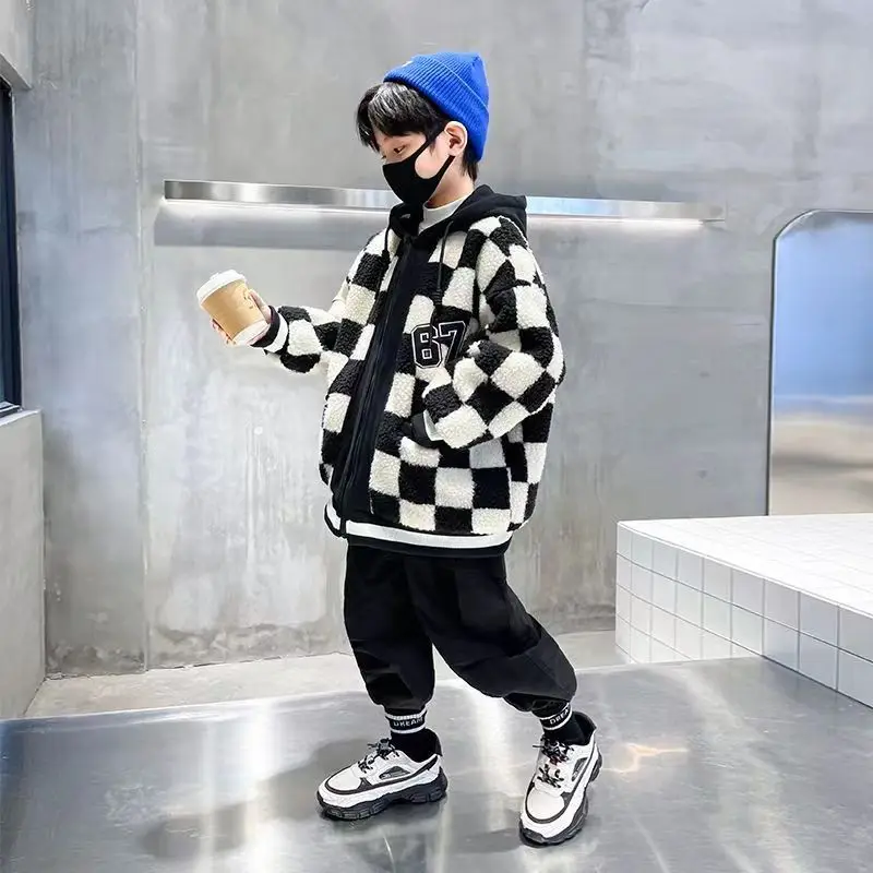 Winter Kids checkerboard Jacket For Boys Coats Lamb Wool Plus Velvet Thick Coats Christmas Costume For Toddler Children Outw children jackets boys woolen coat