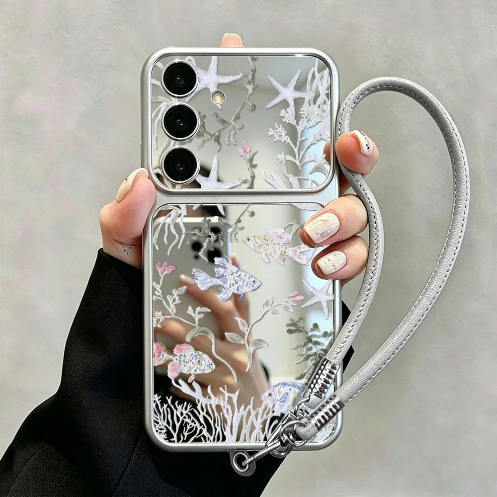 Floral Makeup Mirror Phone Case with Lanyard