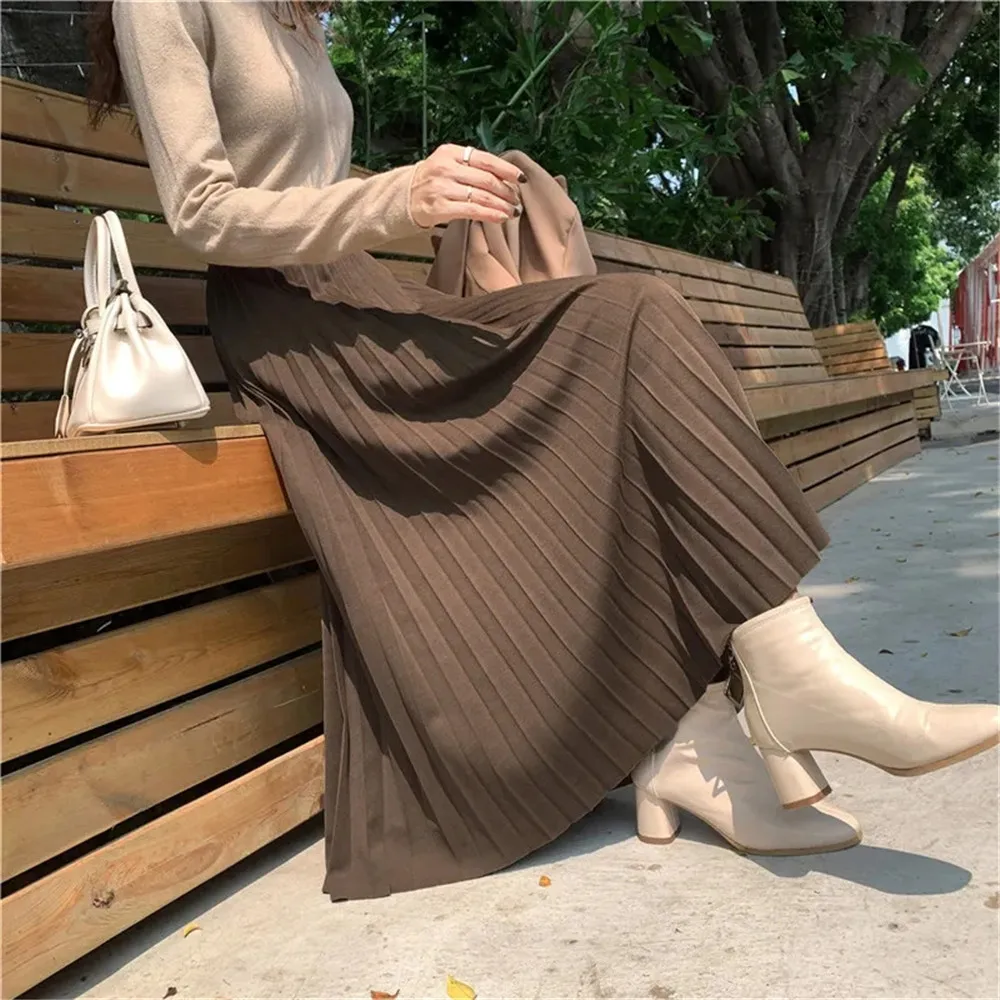 

Casual Solid Pleated Midi Long Skirt Women Female Japanese Fashion Casual Elastic High Waist Skirts Black Brown Jupe Falda