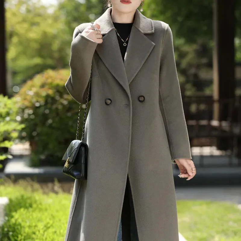 High-Quality Women's Wool Double-Sided Woolen Coat High-End Suit Collar Autumn Winter Knee Length Slim Fit and Slimming Jacket