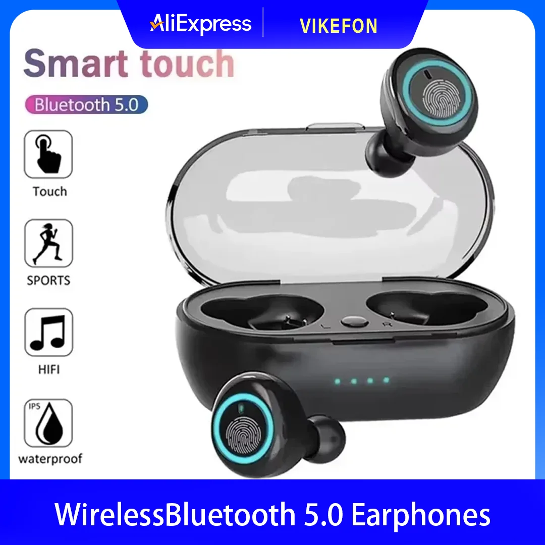 Enhanced Wireless Bluetooth Earphones with Touch Control, Mic, and LED Display - Waterproof 9D Stereo Sound