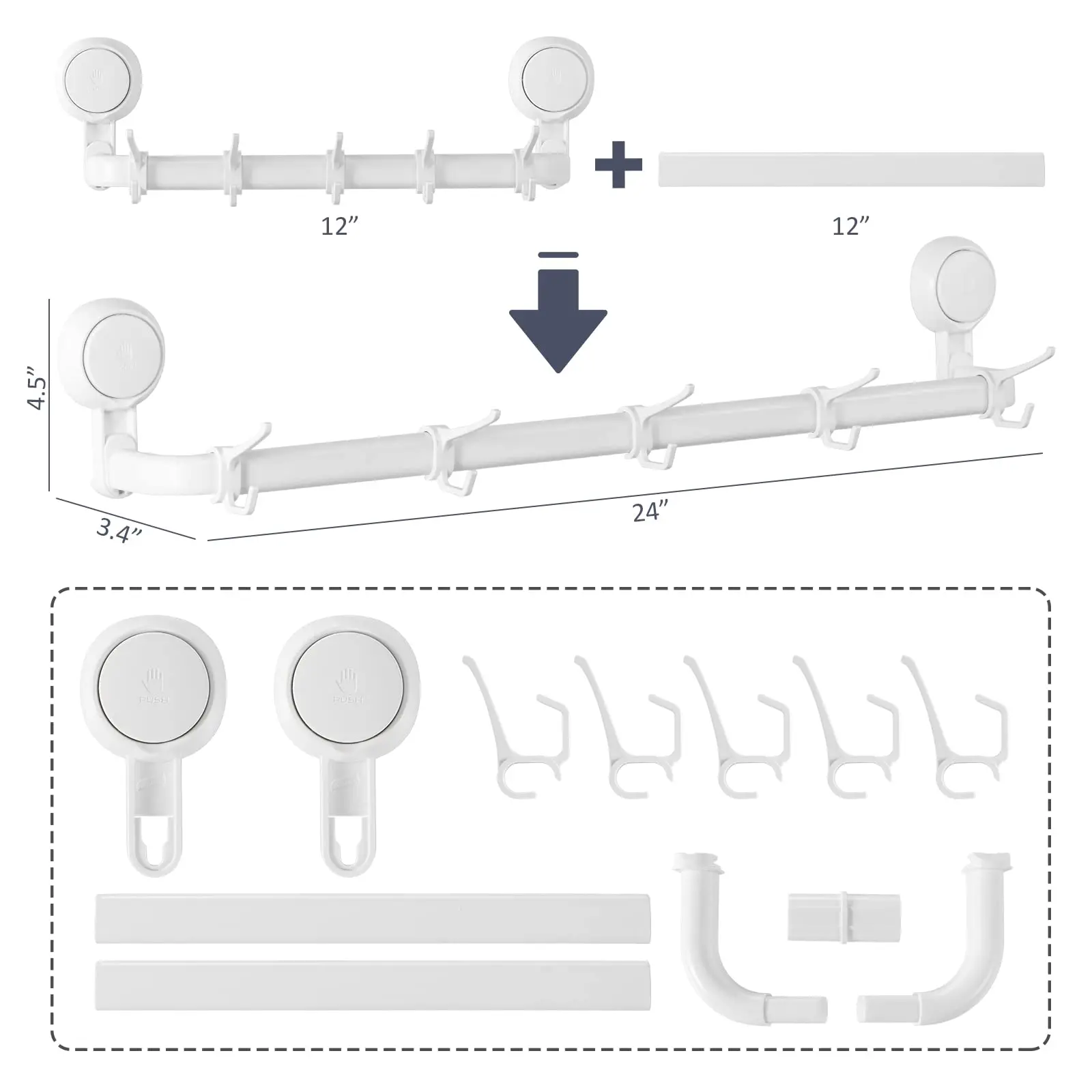 TAILI Shower Hanging Towel Bar 5 Hooks Drill-Free Suction Cup Towel Rack Wall Mounted Removable Holder Bathroom