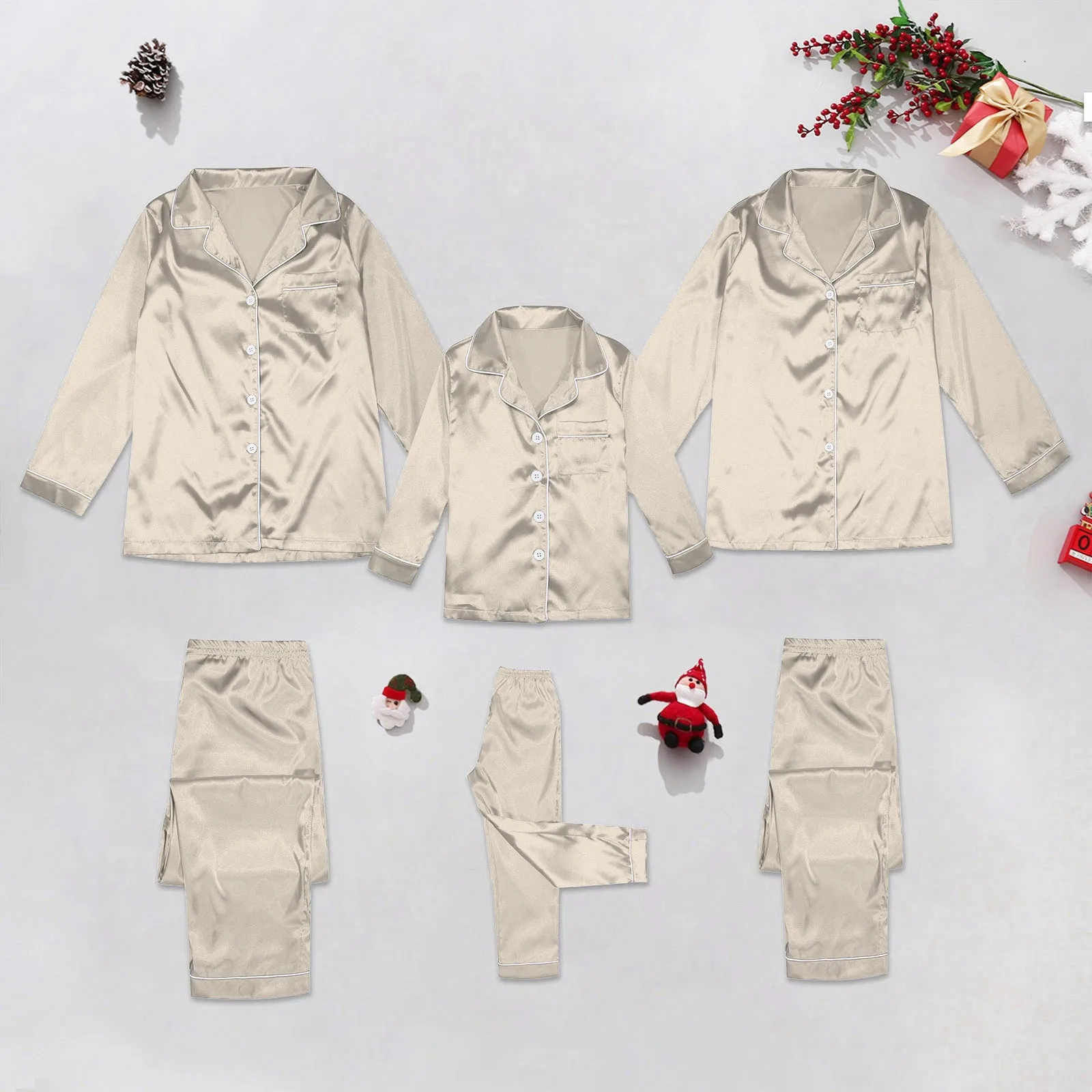 thumbnail image 2 of Pijamas familiares de seda navideña, ropa de dormir, tops de satén y pantalones, 2 piezas, ropa de dormir, pijamas, ropa de estar por casa, trajes sólidos a juego para la familia, 2 of 5
