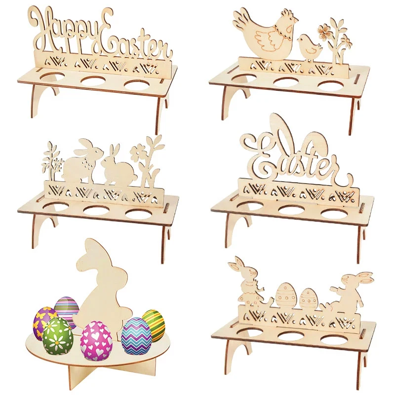 Easter Decoration for Home Wooden Easter Egg Holder Shelves DIY Craft Handmade Ornaments Kids Gift Happy Easter Party Decor 2024