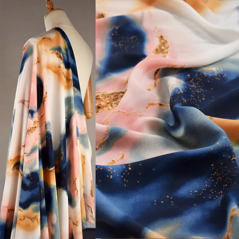 Half Meter Elegant Navy Pink Smudge Print High Grade Elastic Chiffon Fabric Dress Goan Pajamas Soft Cloth Material T1839 sewing fabric