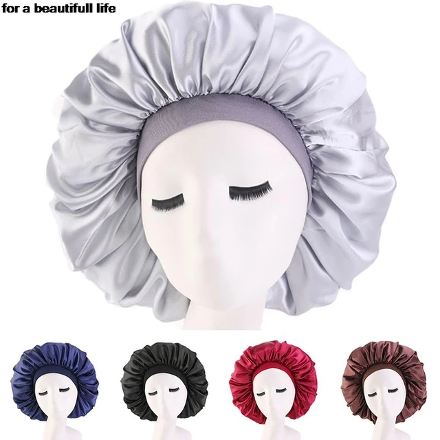 Women Satin Night Sleep Cap Hair Bonnet Hat Silk Head Cover Wide Elastic  Band