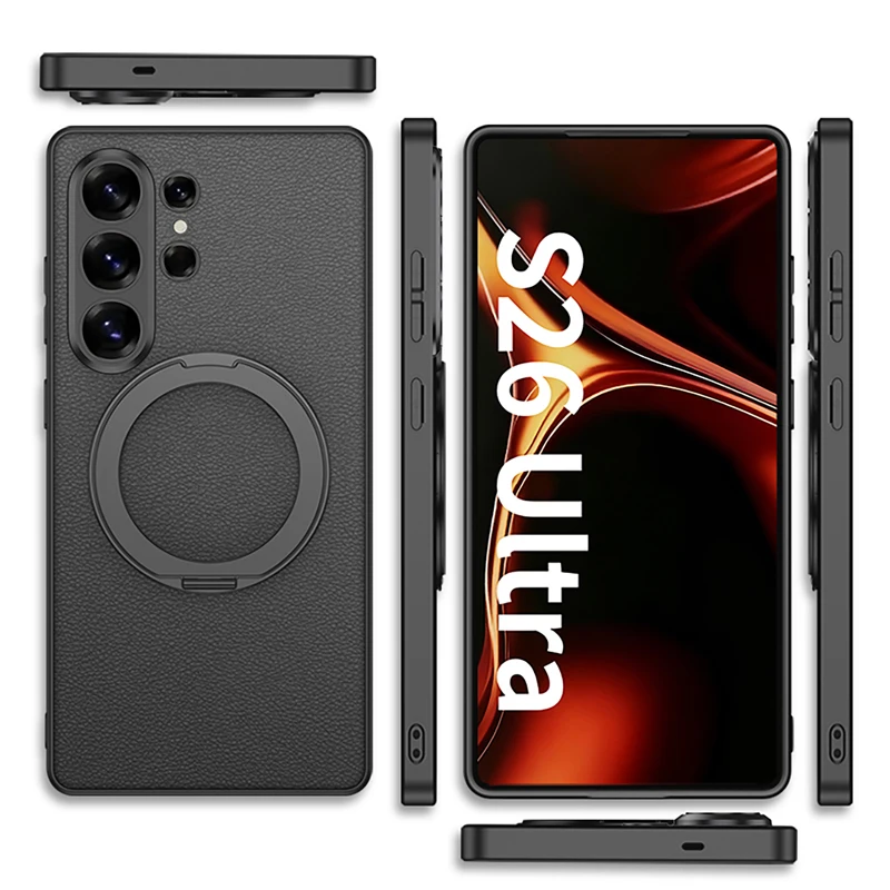 Luxury Magnetic Leather Phone Cover with 360 Rotating Ring Holder and Stand