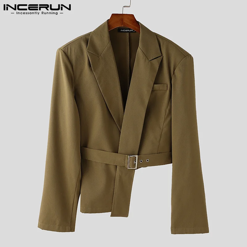INCERUN Casual Irregular Hem Blazer Men Solid Long Sleeve Suits Belt Simple Office Jackets Simple Lapel Collar Leisure Tops