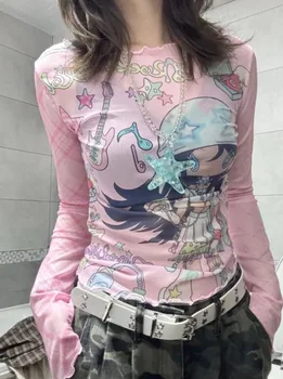 Summer Sun Protection Slash Neck Gauze Tshirts Women Y2k Aesthetic Cartoon Print Grunge Mesh Tops Harajuku Vintage Fairy Tees 1