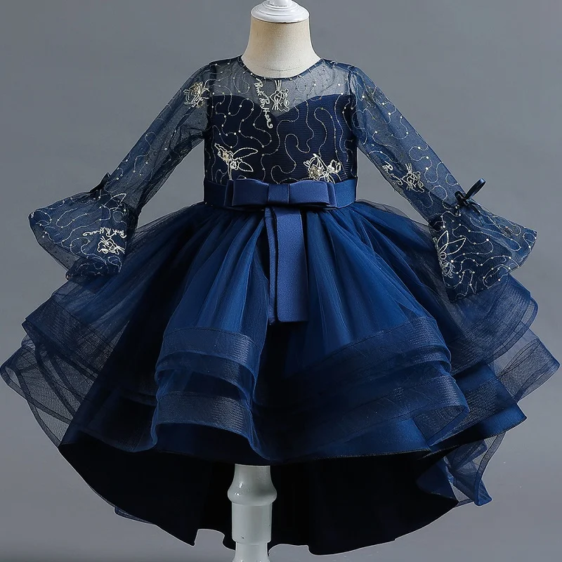 

New style children's poncho dress 2022 long sleeved elegant embroidered gauze flower girls wedding dress girls host piano dress