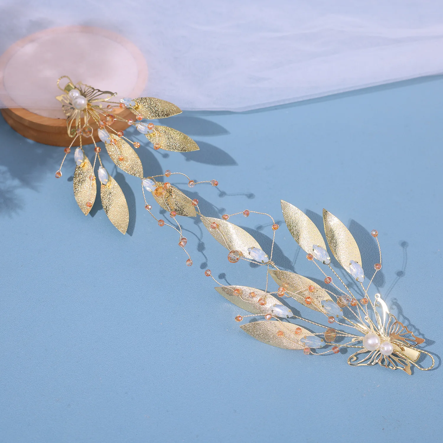 Gold Color Crystal Pearl Headband Hairband Tiara For Women Bride Leaf Butterfly Bridal Wedding Hair Accessories Jewelry Headband
