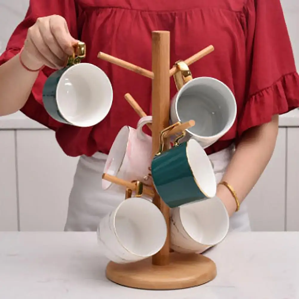 CoffeeCupStandMugStorageRackWoodenMugHolderTree6HooksHeavy