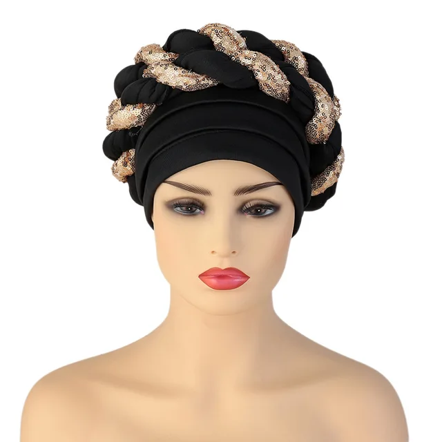 Turbans for Women Pleated Beanie Headwrap African Hat Arab Wrap Muslim Scarf Hijabs Hair Aso Oke Auto Gele Readymade to Wear Cap 014