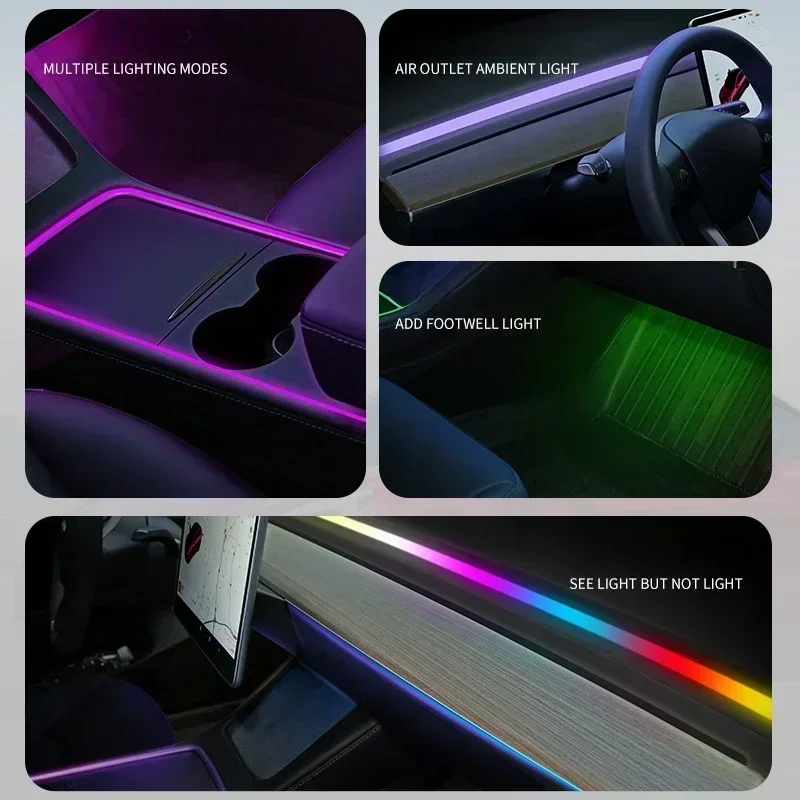 For Tesla Model 3 Y Car Ambient Light with APP Control Auto Air Outlet LED Decorative Lamp Dashboard RGB Symphony Strip Light