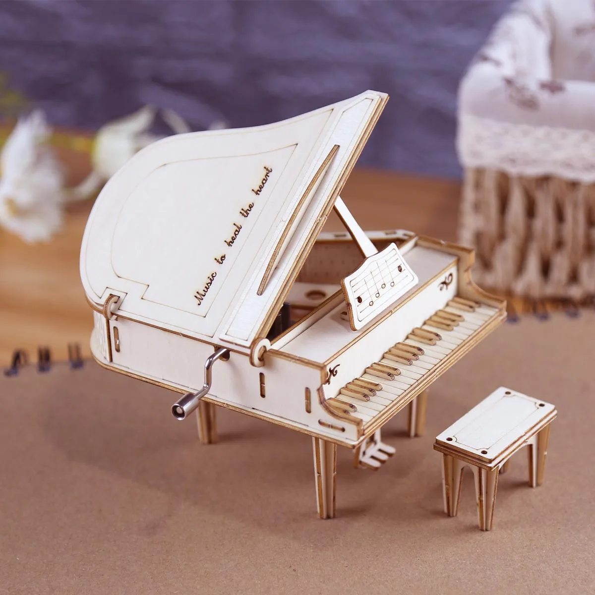 Creative Hand Cranked Piano Music Box Wooden 3D Puzzle Kits Building Blocks Toys Set DIY Assemble Models for Teens & Adults Gift 3