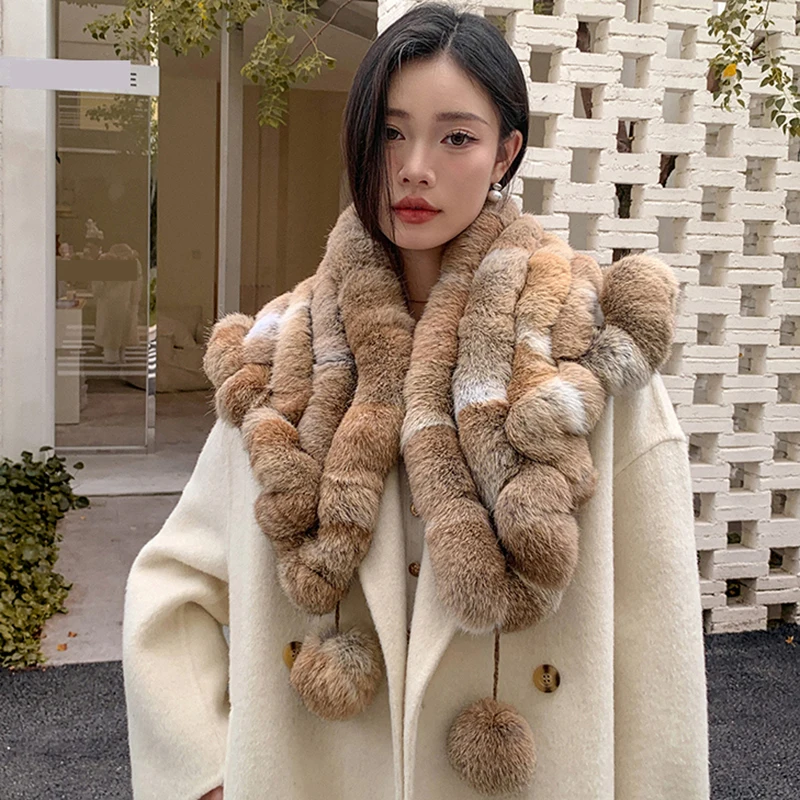 موضة أرنب طبيعي حقيقي الدفء الباشمينا وشاح الخمار امرأة الخريف/الشتاء شال أرنب حقيقي مع كريات فرو الأرنب