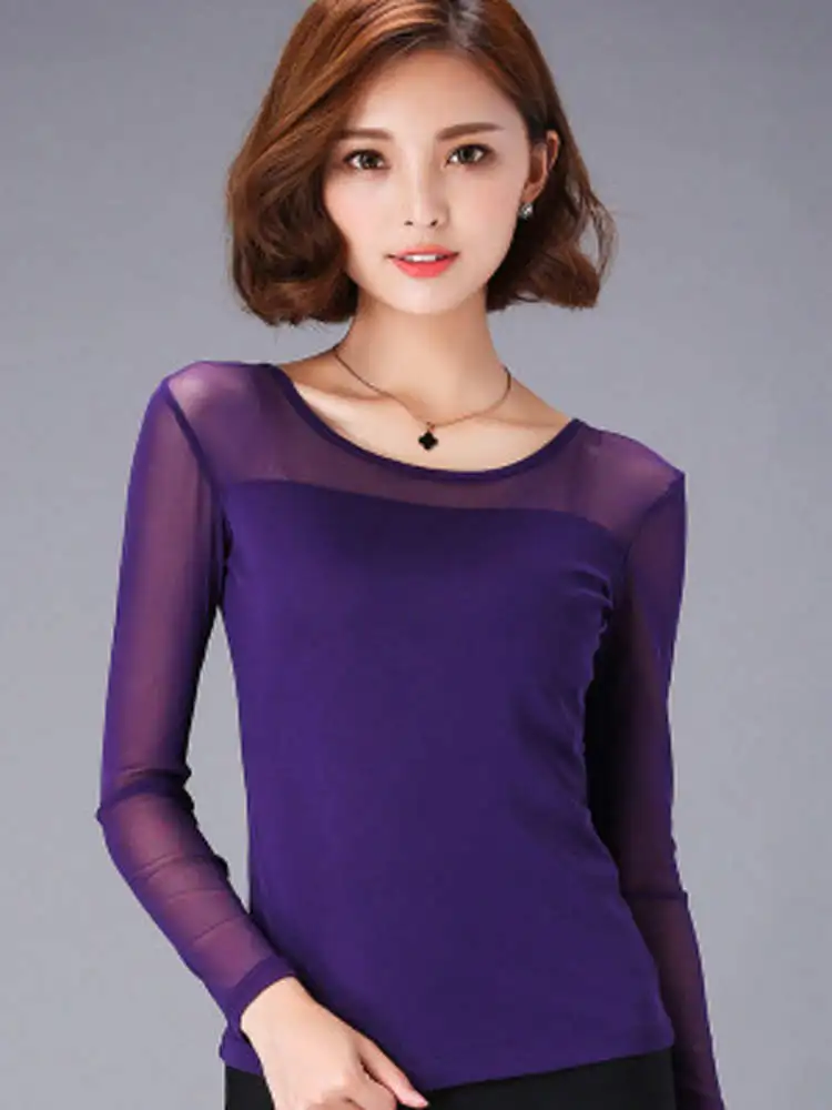 여성용 긴팔 라운드넥 메쉬 베이스 셔츠 봄 가을 캐주얼 스타일 슬림핏 티셔츠 아우터웨어 통기성 속건