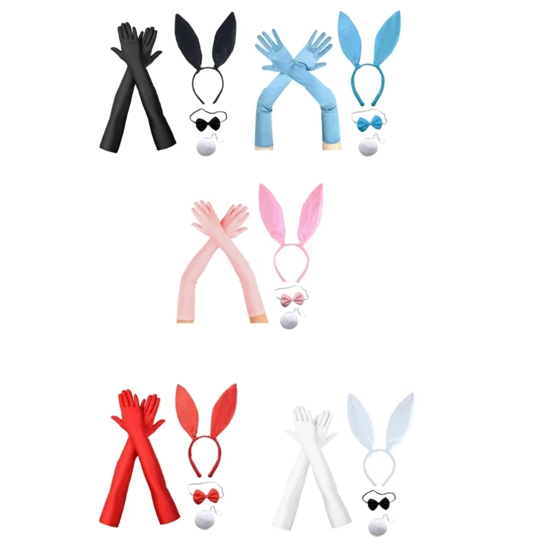 Female Cosplay Rabbit Ears Headband Tail Bowtie Masked Party Stage Costume Set