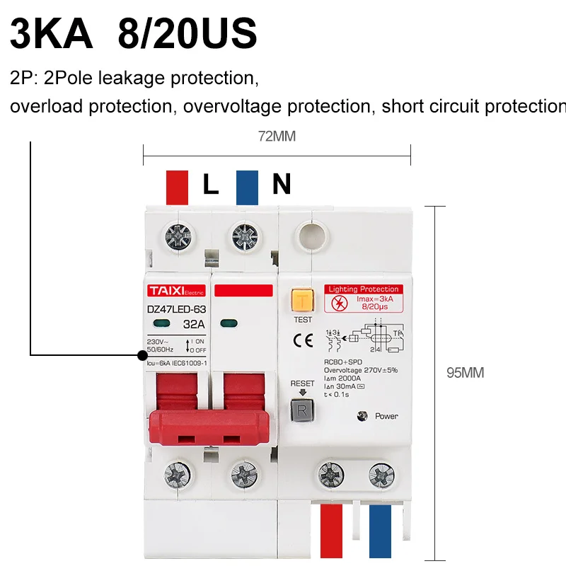 DZ47LE RCBO with SPD Lightning protection Residual current circuit breaker with surge protector small MCB DZ47LED RCCB