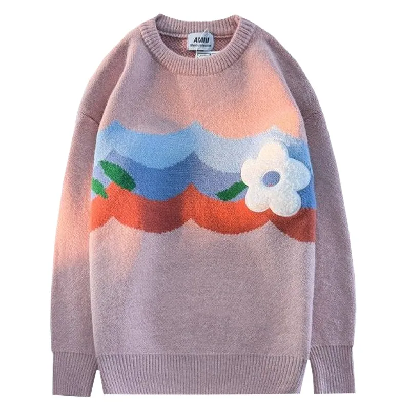 

High Quality Towel Embroidery Jacquard Flowers Sweater Casual Autumn Winter Woman's Knittshirt One Size Couple Pullover Female