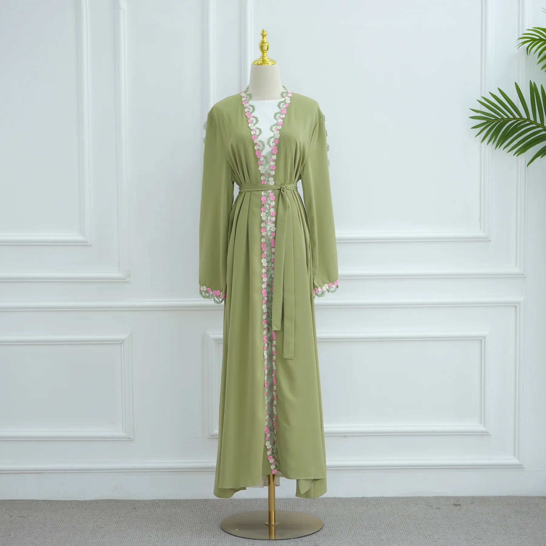 Muslim Women's Turkish Solid Color Open Front Abaya with Floral Embroidery - Elegant Modest Long Coat, view 4
