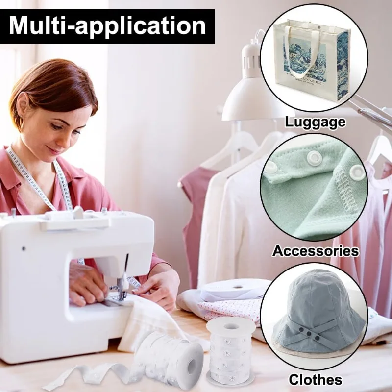 10 Yards White Snap Button Trim Tape - Durable Polyester Fastener with Press Stud Closures