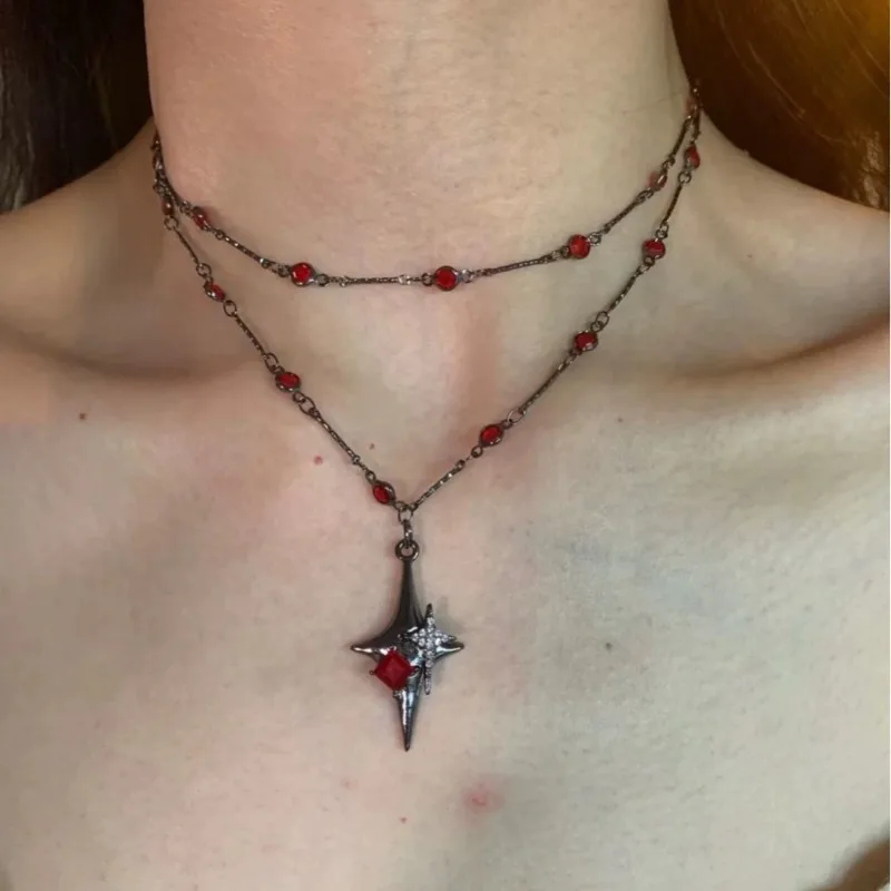 Gothic Red Cross Pendant Necklace - Distressed Vintage Finish with Dark Aesthetic, Minimalist Collarbone Chain for Edgy Fashion