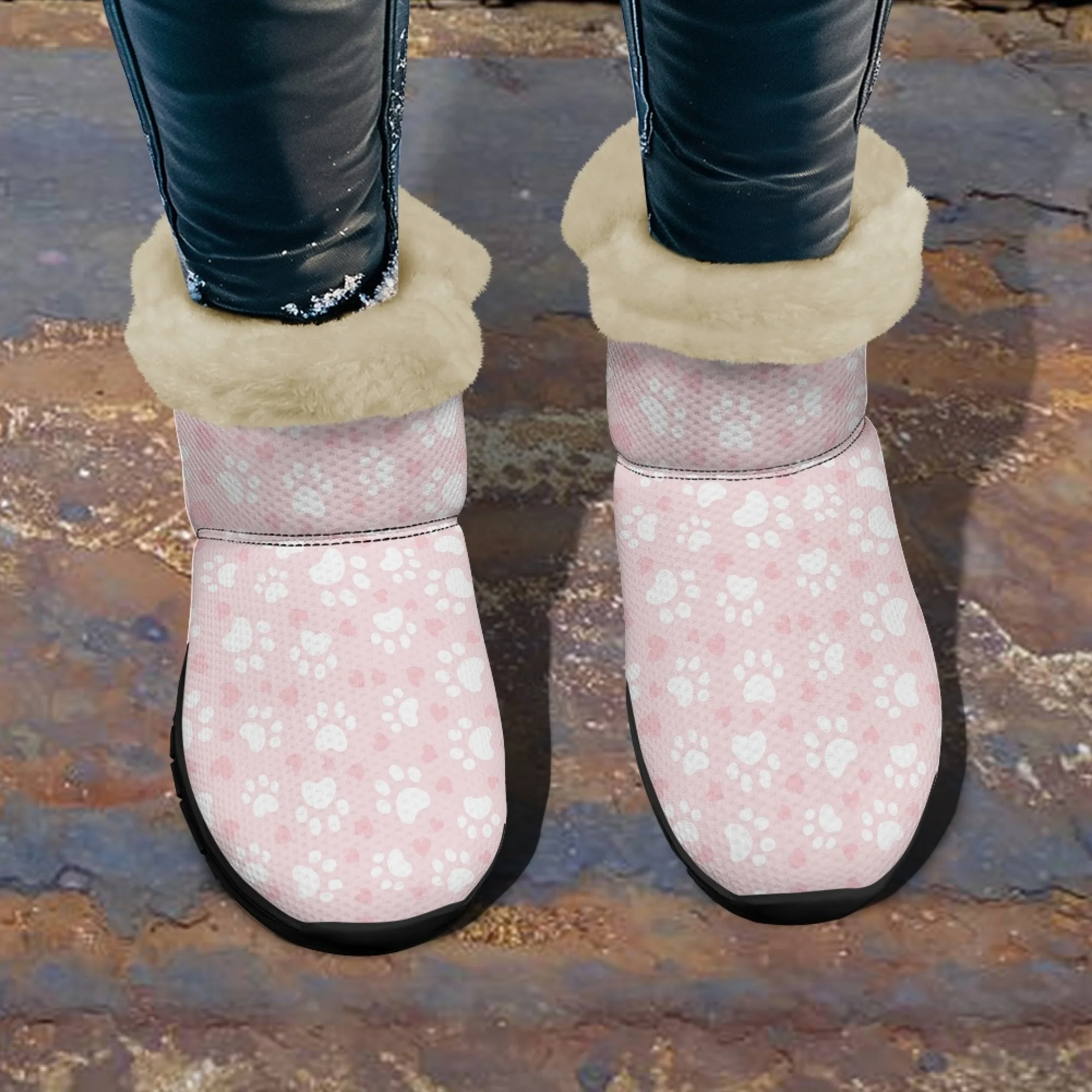 INSTANTARTS Cute Puppy Paw Prints Warm Snow Soft Boots Women Winter Pink Shoes Comfort Casual Non Slip Short Plush Girls Boots