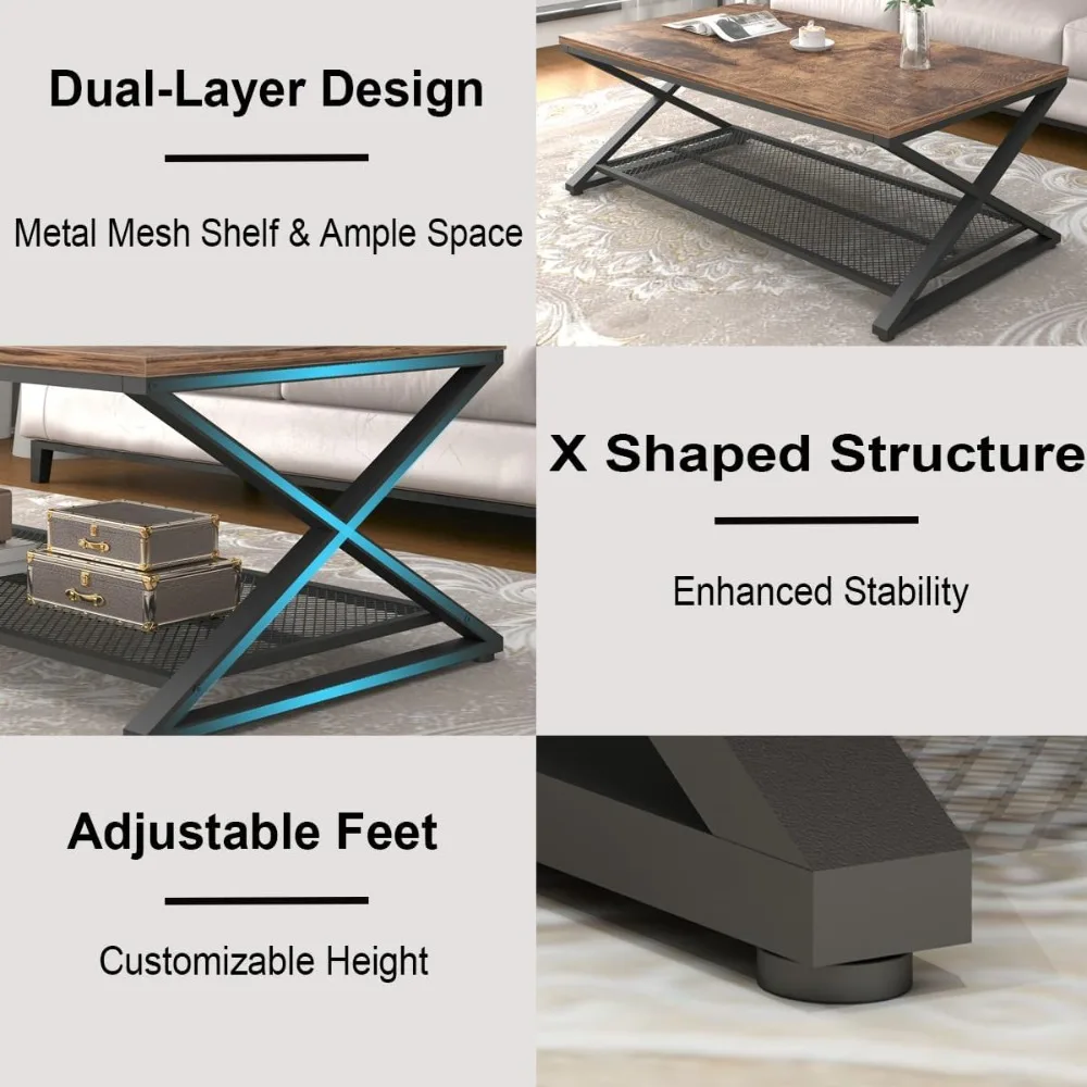 Coffee Table with Storage,Industrial Wood Metal 2 Tier Center Living Room Table with Mesh Shelf 6