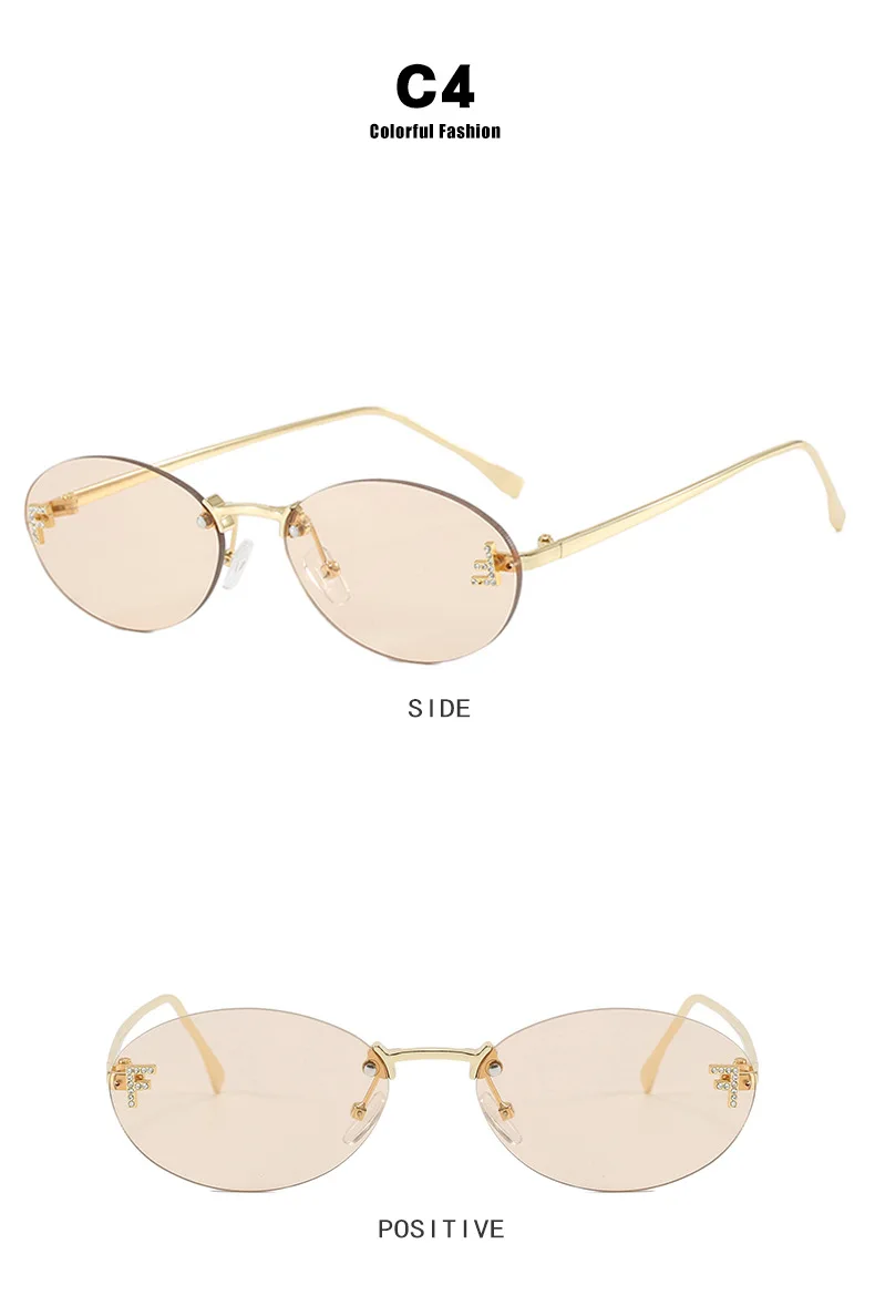 Letter F Frameless Cut Edge Sunglasses Oval Retro Small Frame European and American Sunglasses Women Fashion Metal Sunglasses