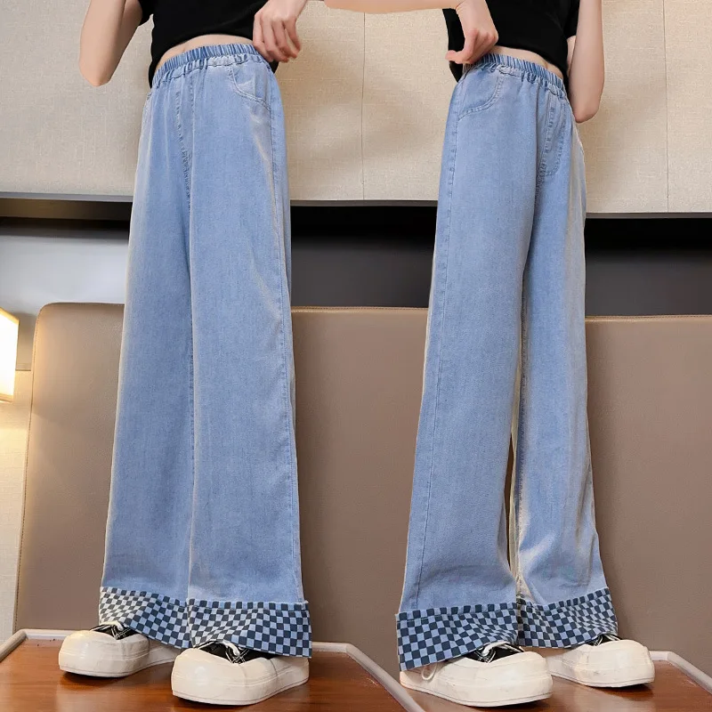 

Summer Kids Loose Casual Wide Leg Jeans for Teenage Girls Straight Pants Fashion All-match High Waist Children Trousers 5-14Year