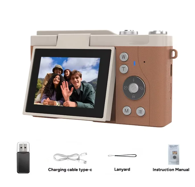 4K Dijital Kamera Vintage Vlog Video Kaydedici CCD 180 ° 16X Dijital Zoom Taşınabilir Dijital Fotoğrafçılık Çevirmeli Ekranlı Selfie Kamerası