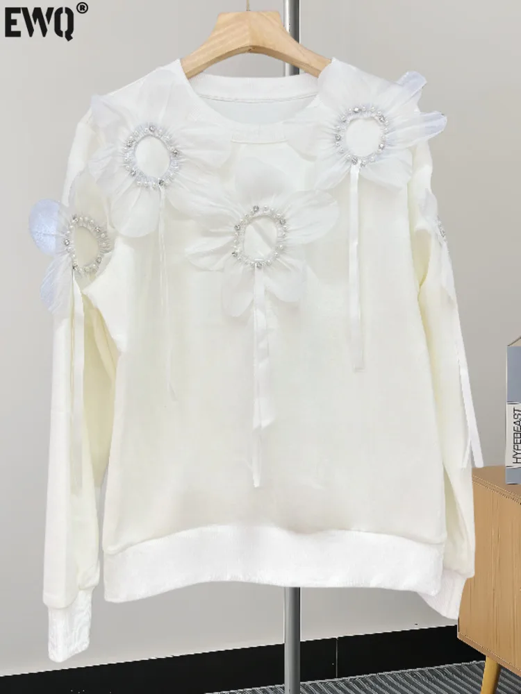 

Женская толстовка с длинным рукавом [EWQ], белая толстовка с круглым вырезом и блестками, украшенная жемчужинами и цветами, GZ78, осень 2024