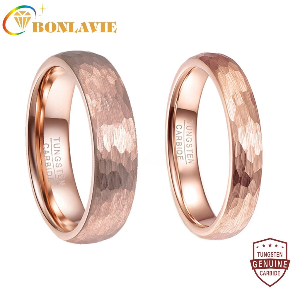 BONLAVIE 6mm 4mm Hammered Tungsten Carbide Ring Brushed Finish Rose Gold Plated Wedding Band for Men Women Size 5-10