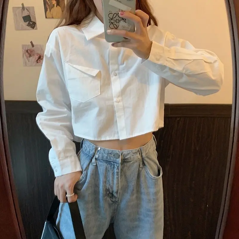 

White Shirt Cropped Blouse for Women Fashion 2023 Korean Style Preppy Harajuku Long Sleeve Top New Female Vintage Clothing
