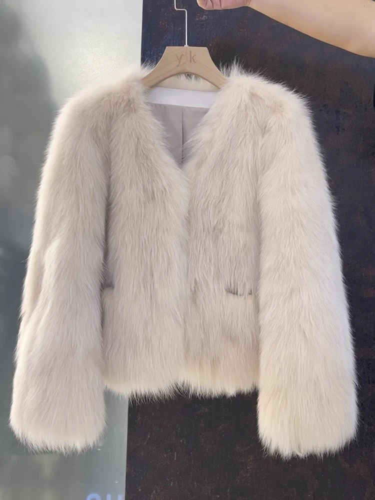 Sweet Faux Fox Fur Women's Short Fur Coat 2023 Autumn Winter Korean Style Elegant V-neck Long-Sleeved Pink Fake Leather Fur Coat