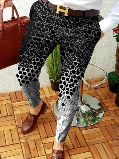 2022 NEW Men Business Casual  Trousers Retro Pattern Print Straight Long Pants Mens Spring Autumn Fashion Streetwear Black and white
