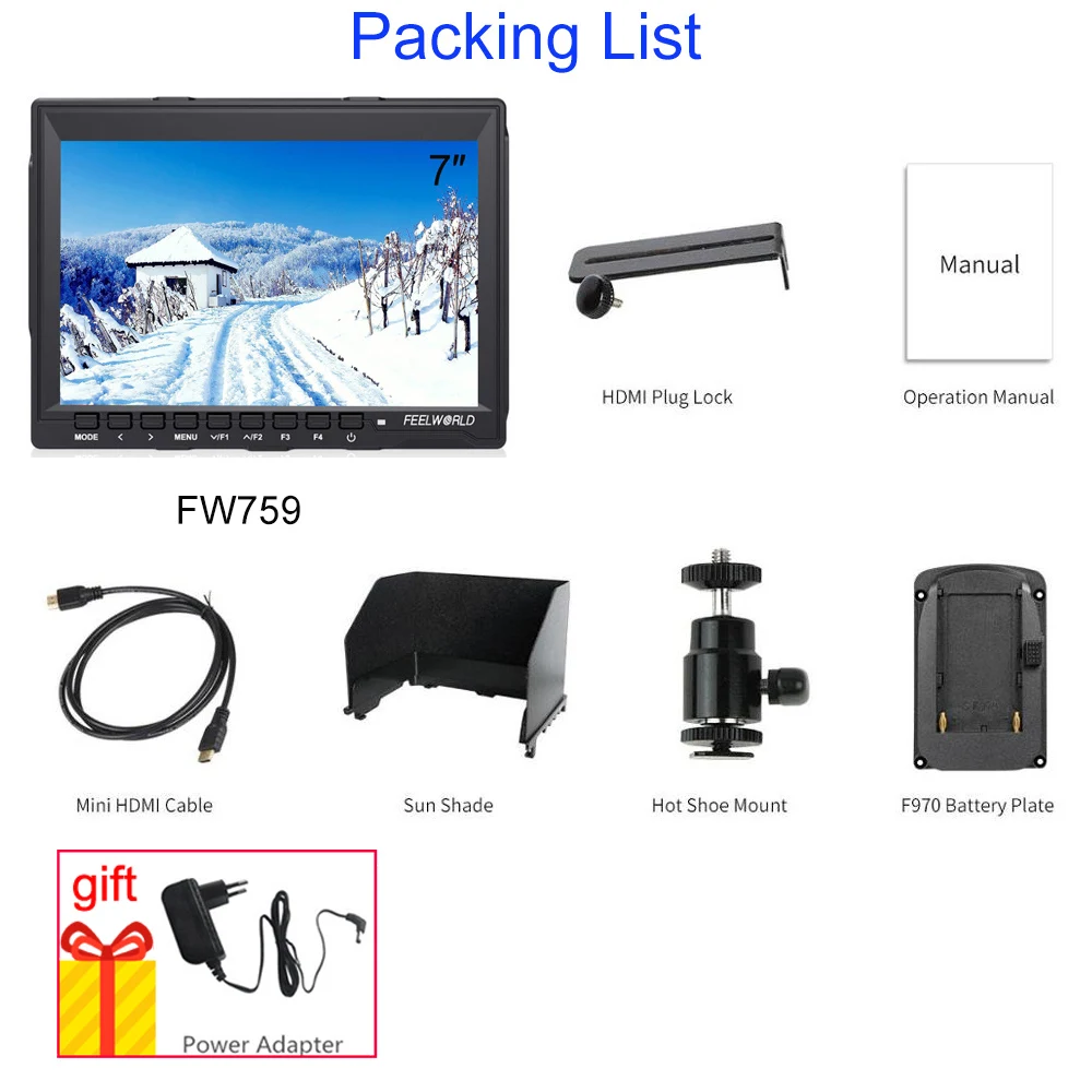 Feelworld FW759 7 Inch ultra thin hdmi field monitor IPS 1280x800 HDMI AV Input 7 DSLR LCD Monitor BMPCC Canon Sony Nikon portable monitor dslr field monitor