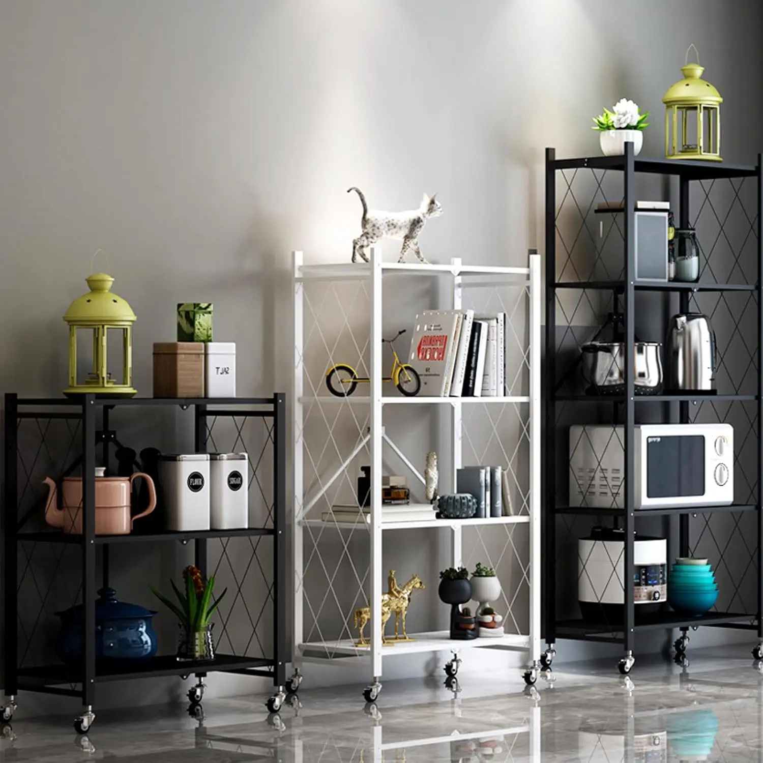3-Tier Foldable Duty Storage Shelves with Wheels 13.4" D x 28" W x 34" H, Freestanding Shelving No Assembly Required, for Kitche 4