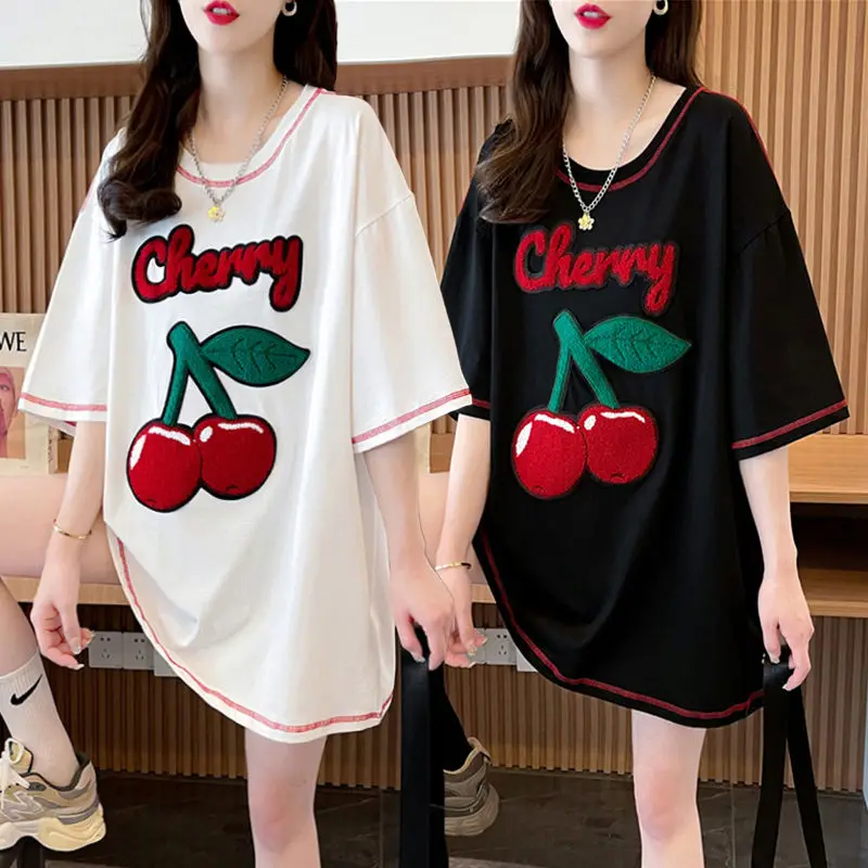 

Large Size Mid-Length Cotton Short-Sleeved T-shirt Women's Summer New Korean Style Loose Casual All-Matching T-shirt Top