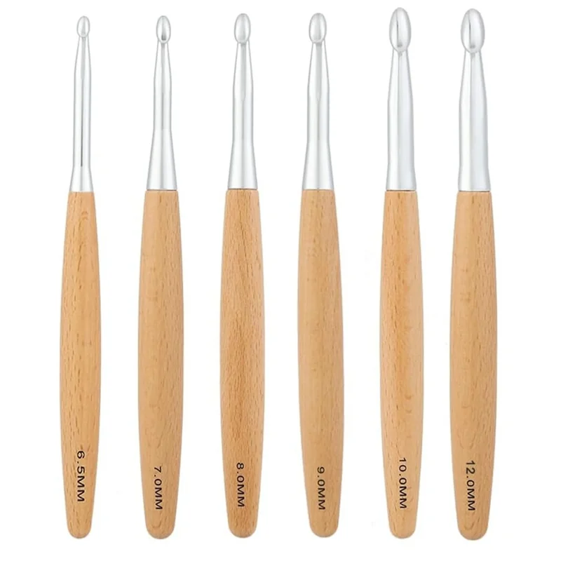 Large Crochet Hooks Set Beech Wood Handle Crochet Hooks 6.5Mm,7.0Mm,8.0Mm,9.0Mm,10.0Mm,12.0Mm