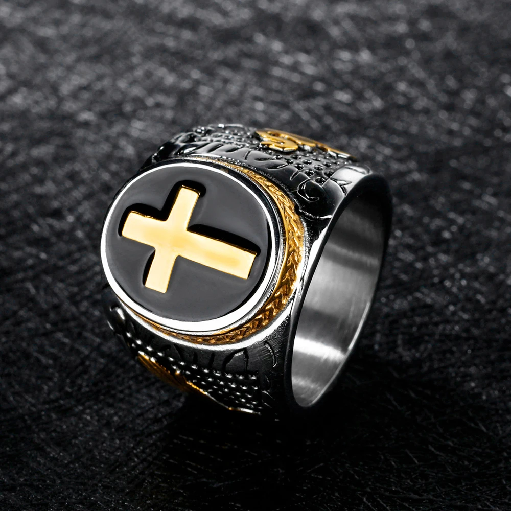 Men Vintage Stainless Steel Cross Ring Gold Color Punk Hip Hop Christian Biker Signet Ring Jewelry Amulet Gift finger rings,cross rings,punk rings,vintage jewelry