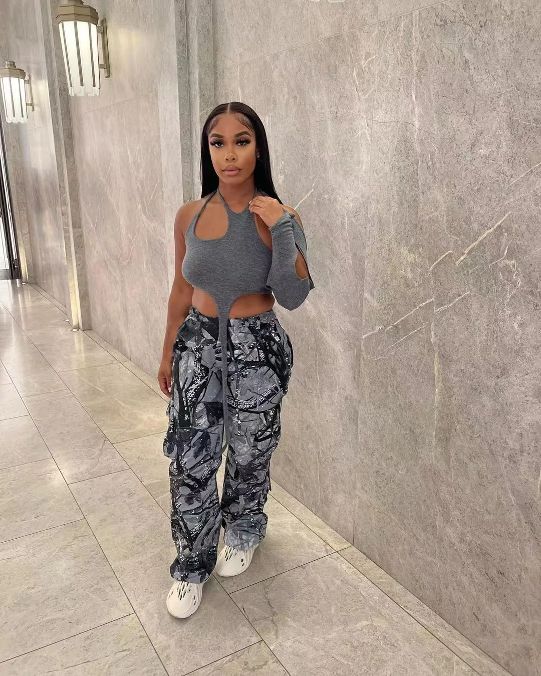 Women'S Trousers Summer Women Streetwear High Waist Cargo Pants With Pockets Lady Casual Camouflage Baggy Straight Wide Leg Pant