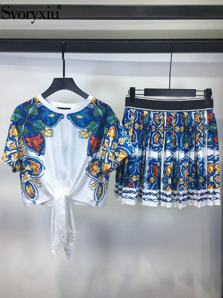 

Svoryxiu Summer Fashion Party Vintage Print Pleated Skirt Suit Women's O-Neck Lace Up Loose T-Shirts+Elastic Waist Short Skirt