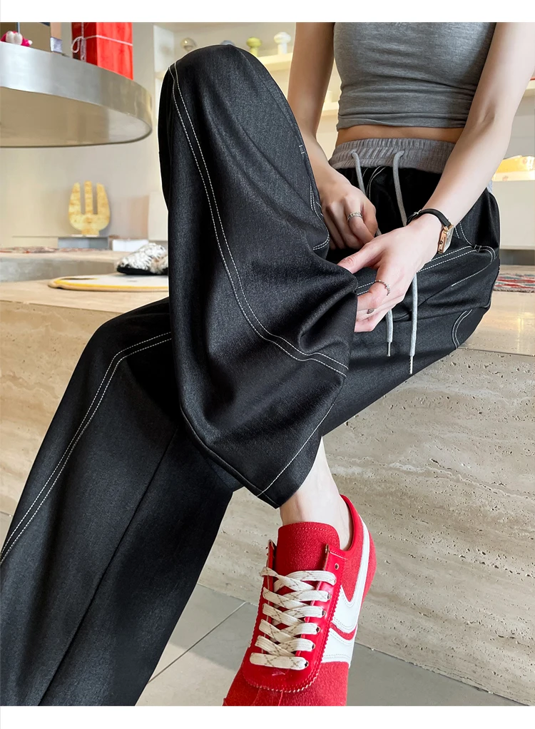 Description Picture 5 of item2025 New Spring Summer Vintage Patchwork Women's Wide Leg Full Pants High Waist Lace-up Female Elegant Straight Loose Trousers