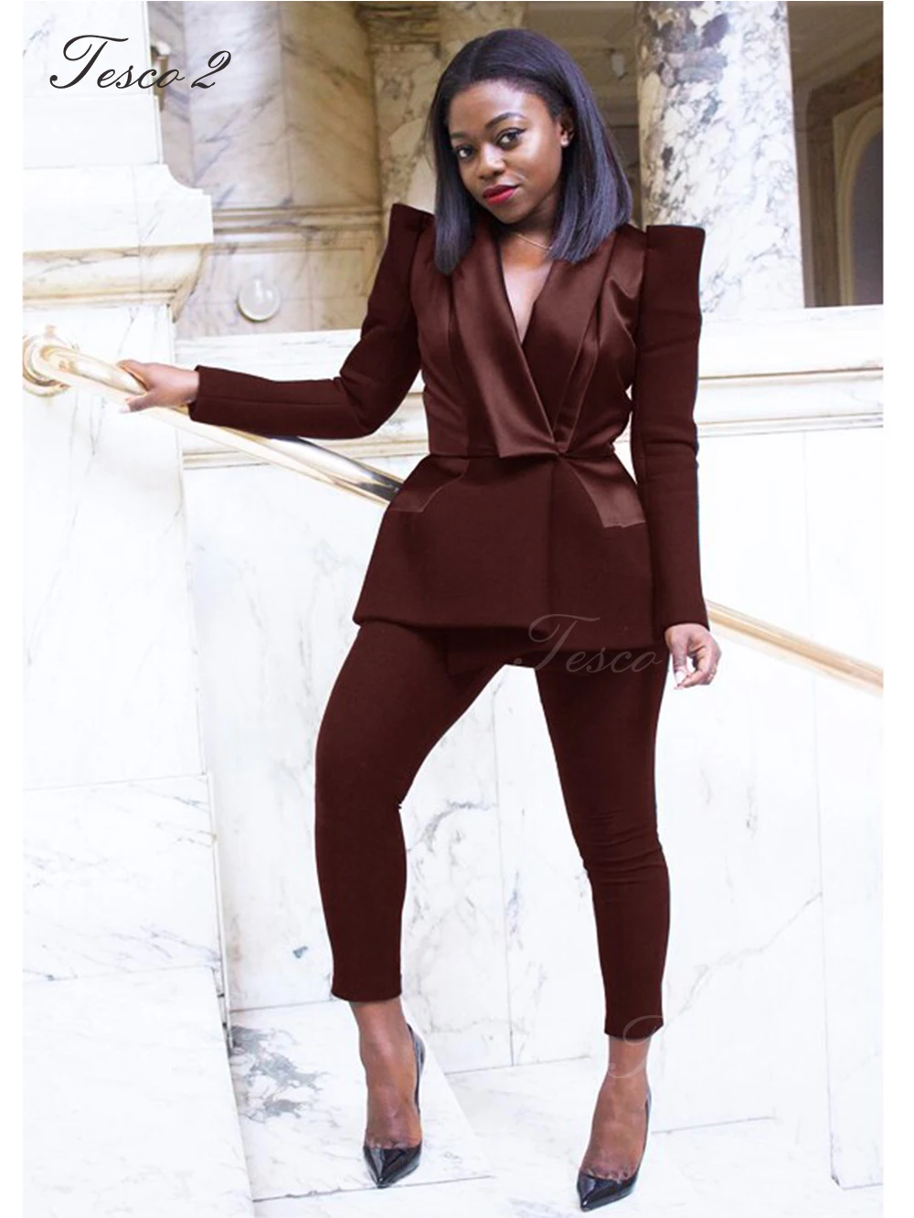 Tesco 2 Women Suit Slim Fit Women PantSuit Peak Lepal Women Suits Sets Formal Elegant Wedding Party